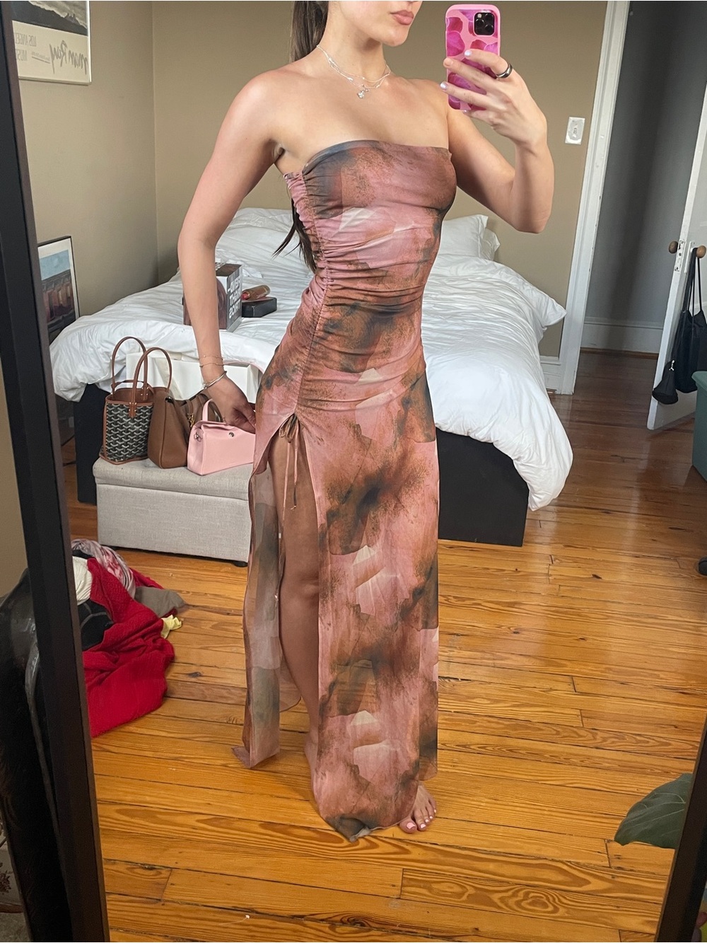 Windsor Strapless Ruched Side-Tie Maxi Dress in Dusty Rose & Olive Wash - Picture 2 of 4